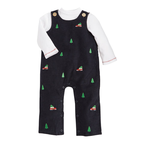 Image of Mud Pie Baby Boys Christmas Holiday Navy Corduroy Embroidered Longall Set