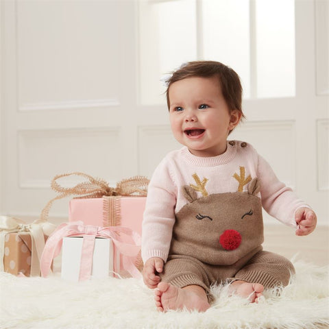 Mud Pie Christmas Holiday Girl Pink Knit One Piece / Romper