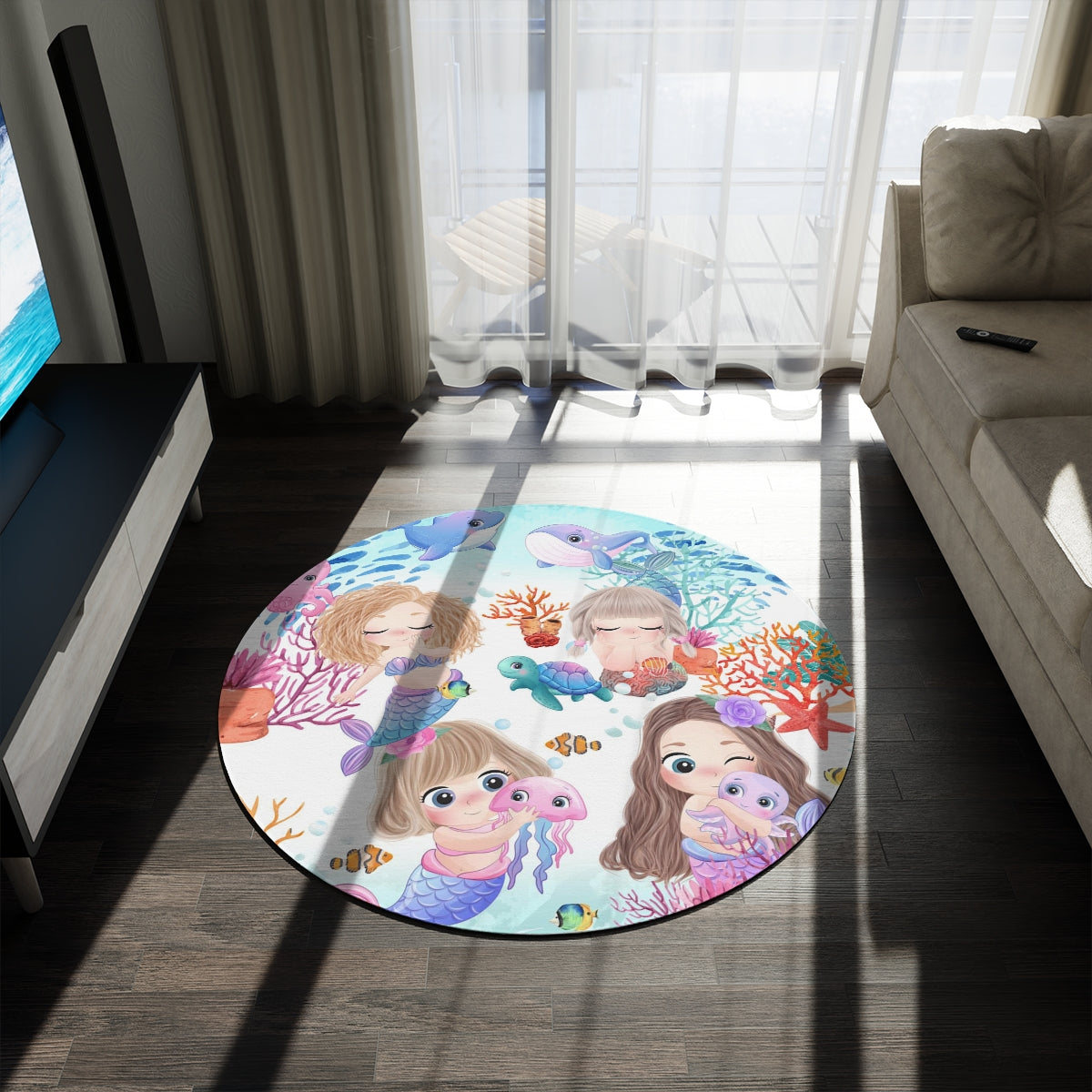 Round Rug 60''x60'' - Round Mermaid Rug, Under The Sea Rug, Nursery Rug, Kids Room Rug, Playroom Rug, Classroom Rug,