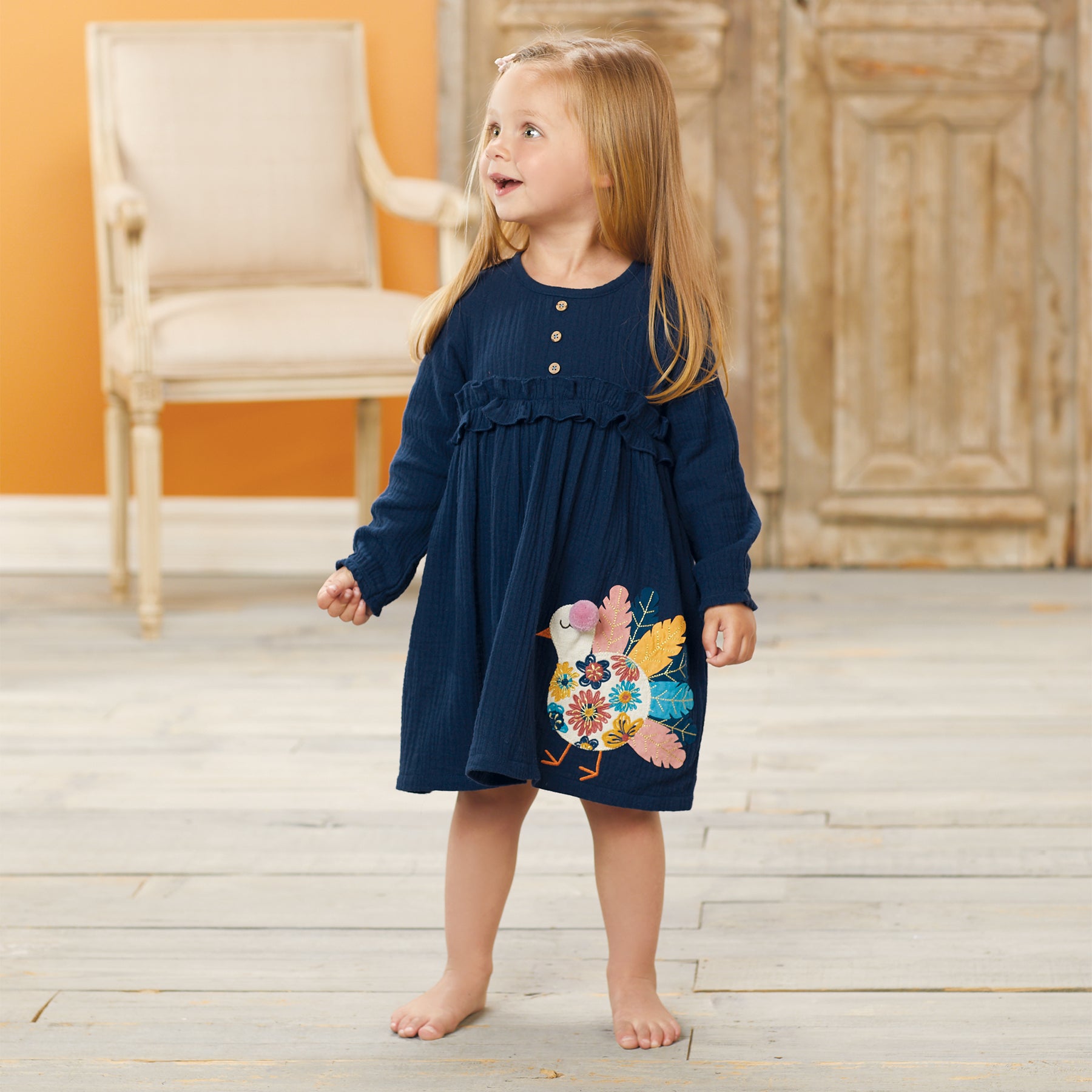 Mud Pie Little Girls Thanksgiving Turkey Long Sleeve Dress