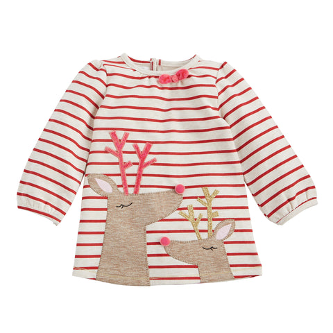 Image of Mud Pie Girls Christmas Holiday Red Striped Reindeer Applique Dress