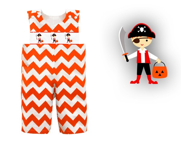 Dana Kids Halloween Orange Chevron Jack & Pirates Hand Smocked Longall Baby Boy 6M-2T