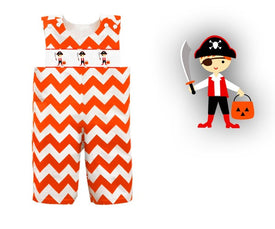 Dana Kids Halloween Orange Chevron Jack & Pirates Hand Smocked Longall Baby Boy 6M-2T