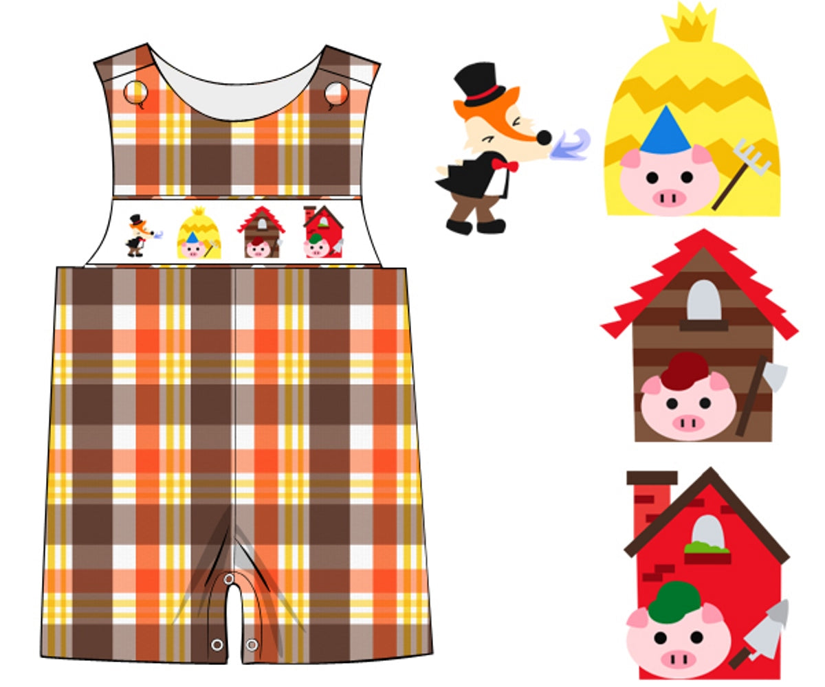 Dana Kids Boys Three Little Pigs Hand Smocked Shortall  6M-3T