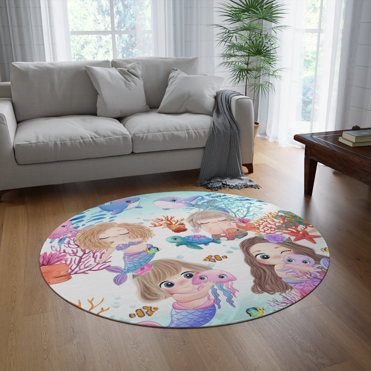 Round Rug 60''x60'' - Round Mermaid Rug, Under The Sea Rug, Nursery Rug, Kids Room Rug, Playroom Rug, Classroom Rug,