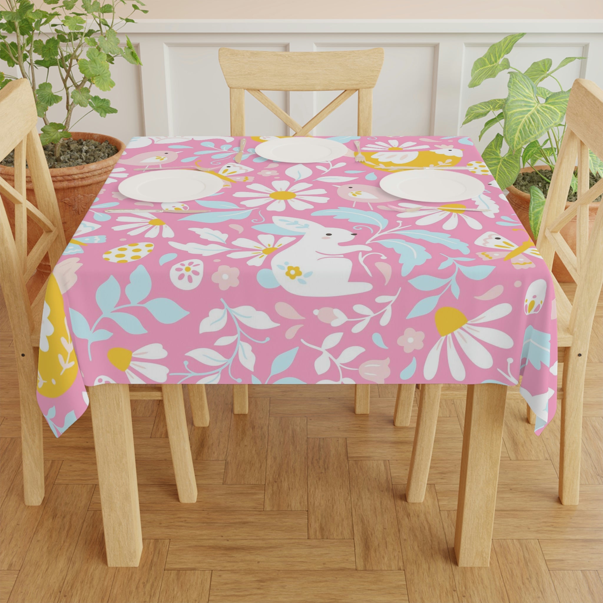Easter Pink Bunny Flower Square Tablecloth 55.1''x55.1''-Polyester-Table Cover for Dining Table, Easter Dinner Party, Holiday Party Table Decor