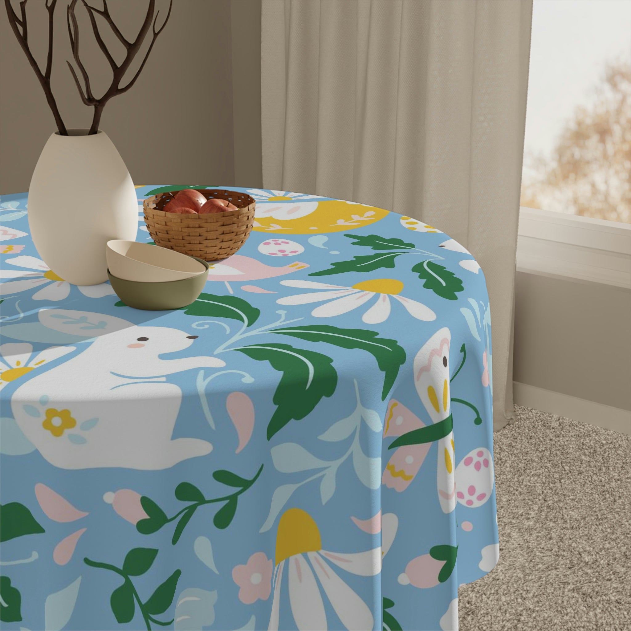 Easter Blue Bunny Flower Square Tablecloth 55.1''x55.1''-Polyester-Table Cover for Dining Table, Easter Dinner Party, Holiday Party Table Decor