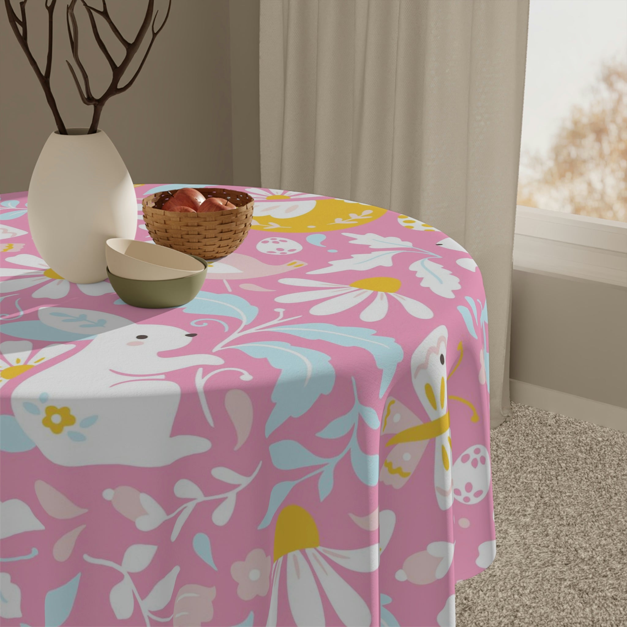 Easter Pink Bunny Flower Square Tablecloth 55.1''x55.1''-Polyester-Table Cover for Dining Table, Easter Dinner Party, Holiday Party Table Decor