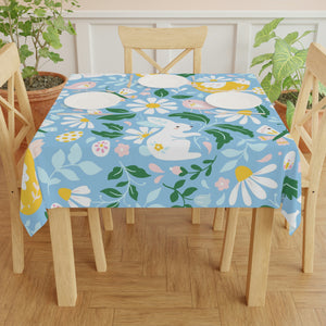 Easter Blue Bunny Flower Square Tablecloth 55.1''x55.1''-Polyester-Table Cover for Dining Table, Easter Dinner Party, Holiday Party Table Decor