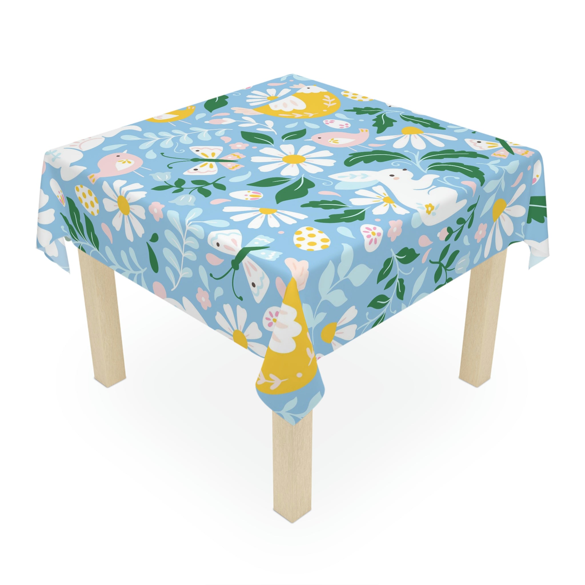 Easter Blue Bunny Flower Square Tablecloth 55.1''x55.1''-Polyester-Table Cover for Dining Table, Easter Dinner Party, Holiday Party Table Decor