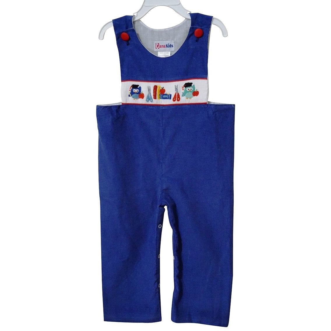 Dana Kids Little Boys Back to School Apple, Book,Owl, Scissors Hand Smocked Navy Corduroy Longall 2T-5T