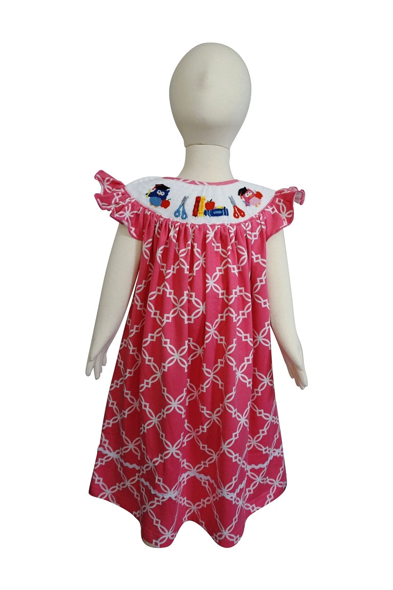 Dana Kids Girls Back to School Apple, Book,Owl, Scissors Hand Smocked Pink Fancy Quatrefoil Dress 3T-10Y