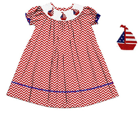 Dana Kids July Fourth Red Chevron Boats Smocked Dress Girls Size 18M-8 Years