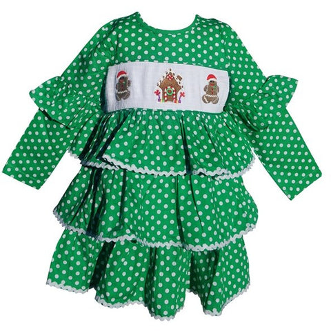 Image of Dana Kids Christmas Holiday Green Dot Gingerbread Man Workshop Smocked Girl Dress 2T-10 Years