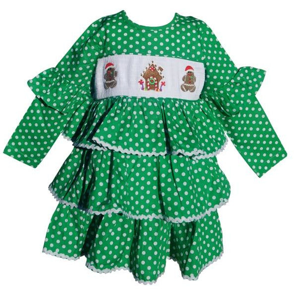 Dana Kids Christmas Holiday Green Dot Gingerbread Man Workshop Smocked Girl Dress 2T-10 Years