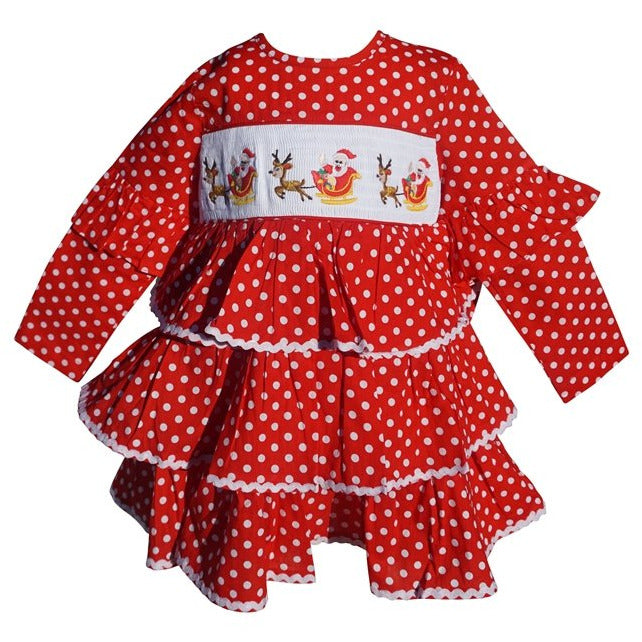 Dana Kids Christmas Holiday Red Dot Santa Sled Smocked Girl Dress 2T-10 Years