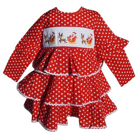 Dana Kids Christmas Holiday Red Dot Santa Sled Smocked Girl Dress 2T-10 Years