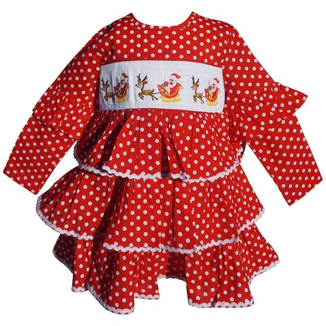 Dana Kids Christmas Holiday Red Dot Santa Sled Smocked Girl Dress 2T-10 Years