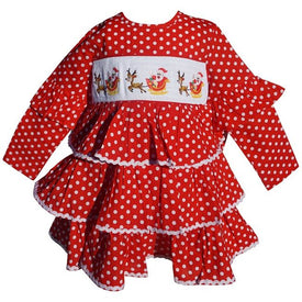 Dana Kids Christmas Holiday Red Dot Santa Sled Smocked Girl Dress 2T-10 Years