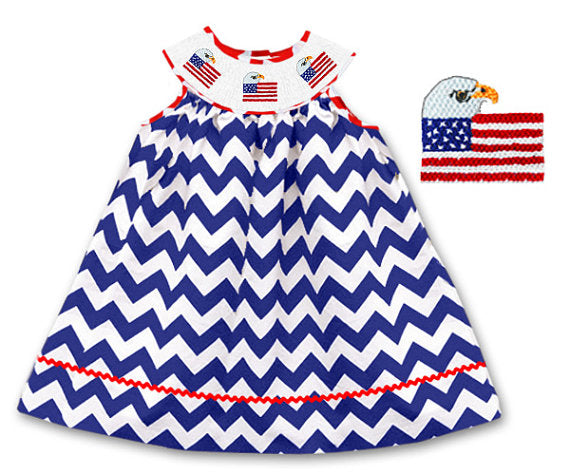 Dana Kids July Fourth American Flag Eagle Navy Chervon Bishop Hand Smocked Dress 8-10 Years