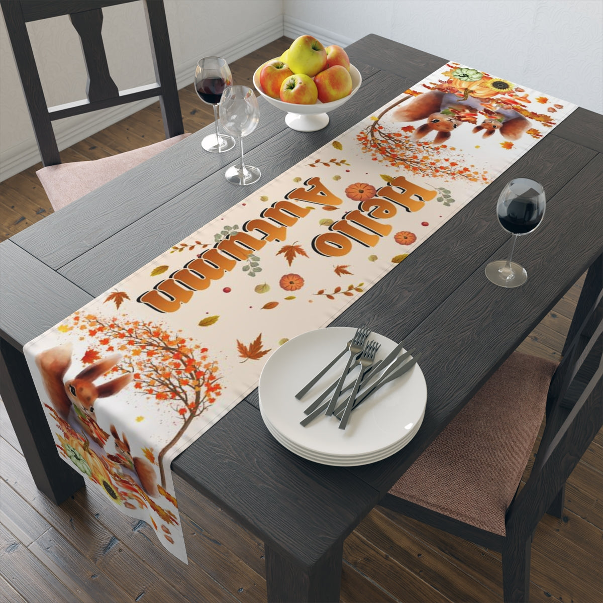 Thanksgiving Fall Hello Autumn Table Runner - Design for Dining Decoration, 16''x72'' or 16''x90'' (Cotton, Poly)