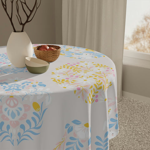 Image of Easter Egg Chick Flower Square Tablecloth 55.1''x55.1''-Polyester--Table Cover for Dining Table, Easter Dinner Part, Holiday Party Table Decor