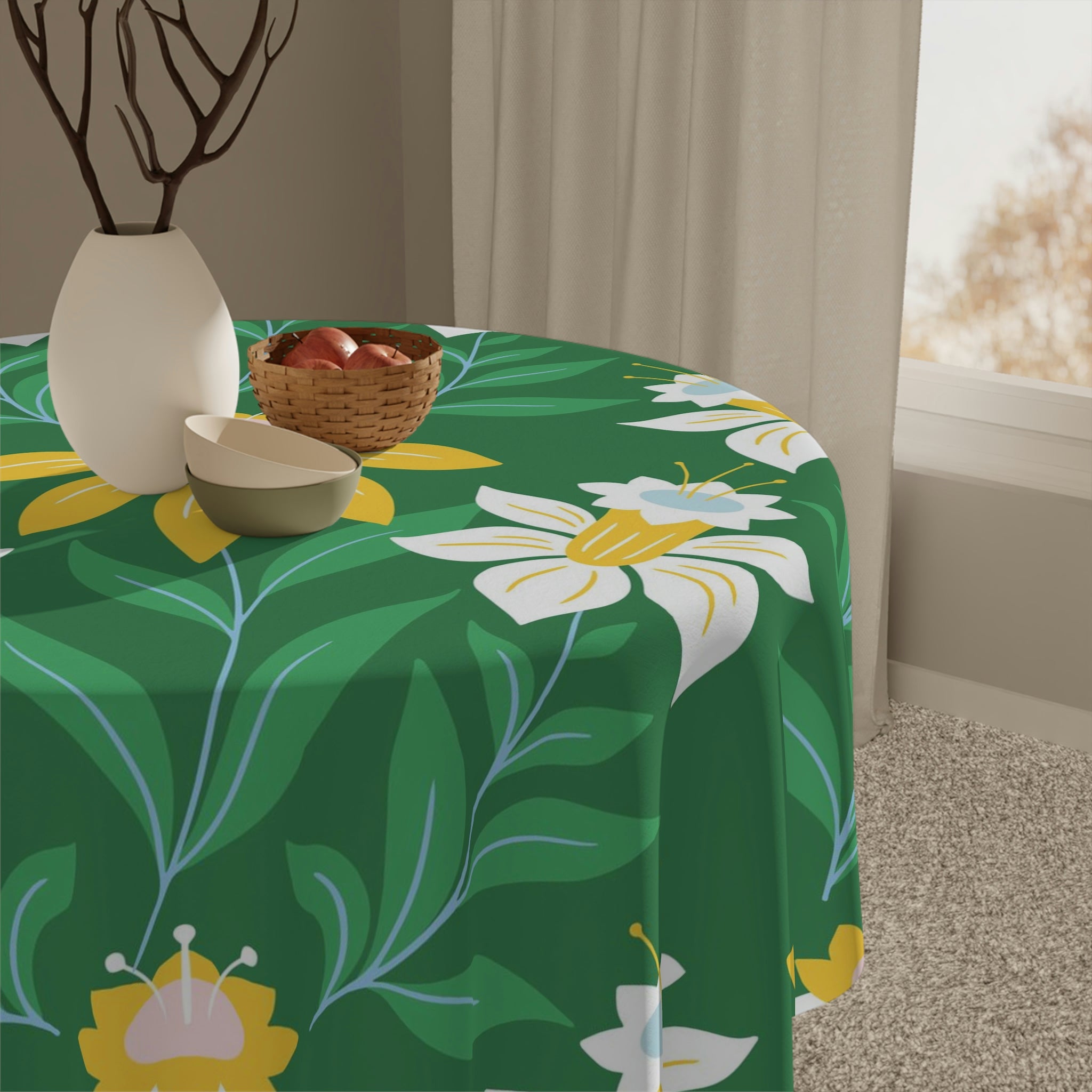 Easter Green Flower Square Tablecloth 55.1''x55.1''-Polyester-Table Cover for Dining Table, Easter Dinner Party, Holiday Party Table Decor