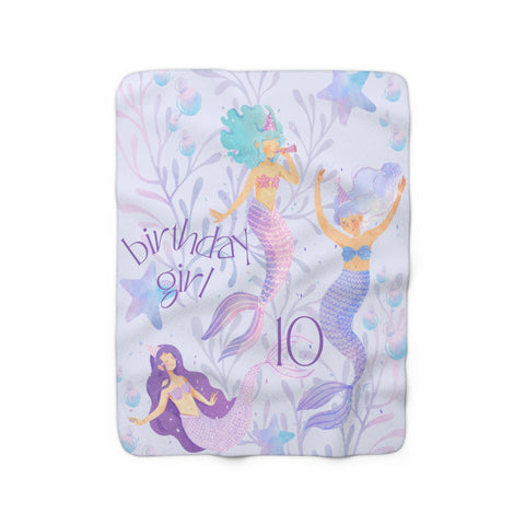 Image of USA Printed Custom Blanket - Minky Blanket, Sherpa Blanket, Fleece Blanket - The 10th Birthday Girl Mermaid Blanket
