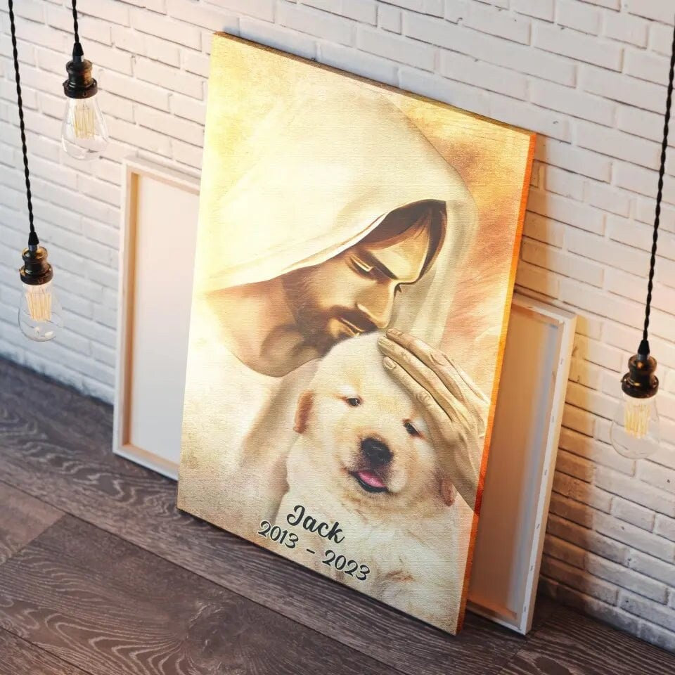 Personalized Pet Memorial Photo Canvas, Custom Photo Pet Portrait With Jesus Dog Cat Canvas, Dog Loss Gifts, Pet Memorial Gifts