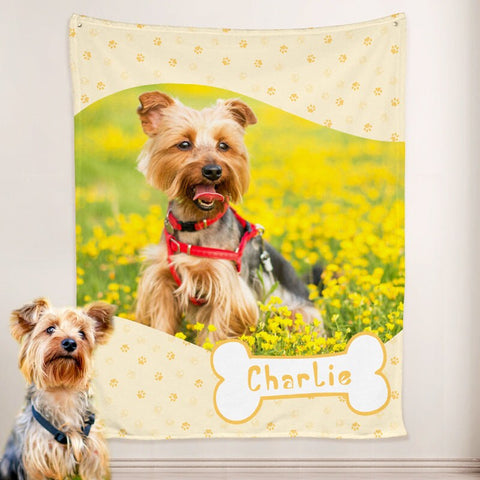 Image of USA MADE Personalized Pet Blanket | Paw Print Dog Blanket Personalized with Name Engraved, Custom Blanket with Pictures, Pet Photo Throw, Do