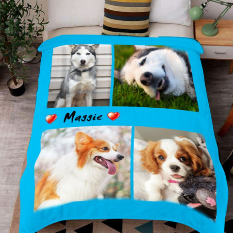 Image of USA MADE Personalized Pet Blanket | Custom Pet Photo Collage Editable Color Fleece Blanket with 4 Pet Photos, Pet Photo Throw, Dog Cat Mom