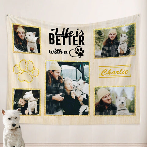 Image of USA MADE Personalized Pet Blanket | Personalized Dog Blankets w Pictures of Pets, Custom Paw Print Dog Blanket w Name, Minky Sherpa Blanket
