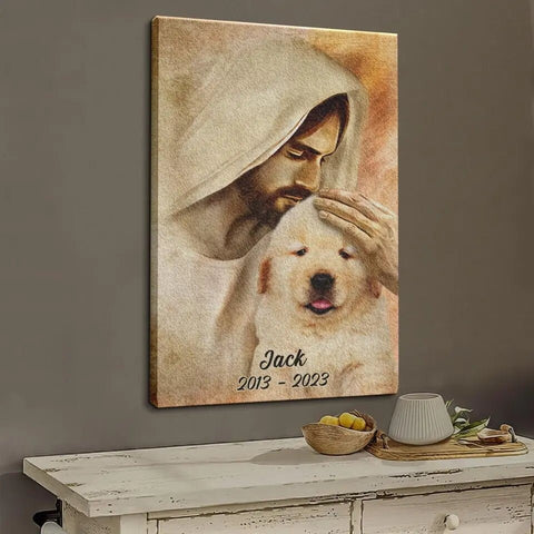 Image of Personalized Pet Memorial Photo Canvas, Custom Photo Pet Portrait With Jesus Dog Cat Canvas, Dog Loss Gifts, Pet Memorial Gifts