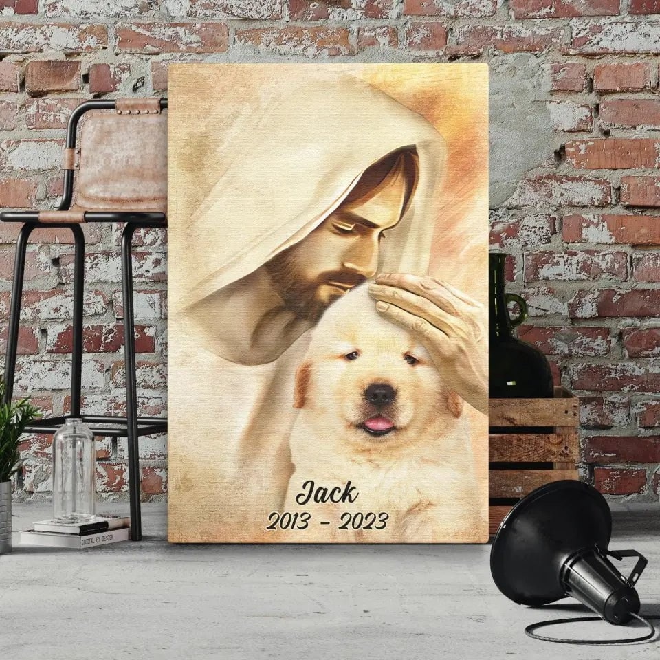 Personalized Pet Memorial Photo Canvas, Custom Photo Pet Portrait With Jesus Dog Cat Canvas, Dog Loss Gifts, Pet Memorial Gifts