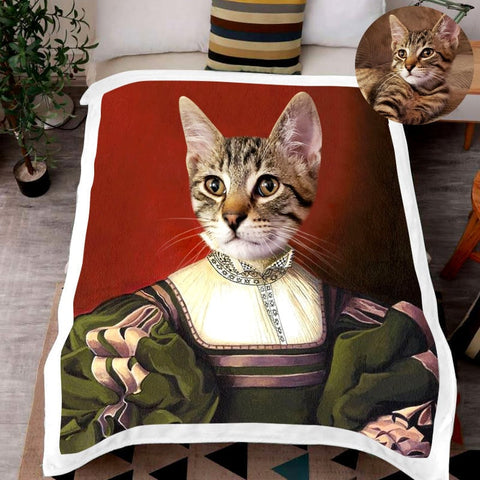Image of USA MADE Personalized Pet Blanket | The Lady - Custom Renaissance Pet Portraits Blanket with Pets Face, Pet Photo Throw, Dog Cat Mom Dad Gif