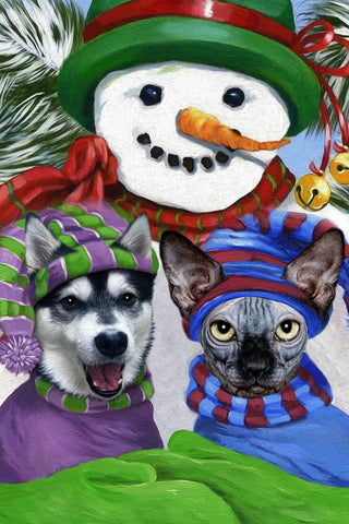 Image of USA MADE Snowman Friends Custom Pet Portrait Customized | Personalized Pet Portrait Canvas, Poster, Digital Download Wallarts | Put Your Pet