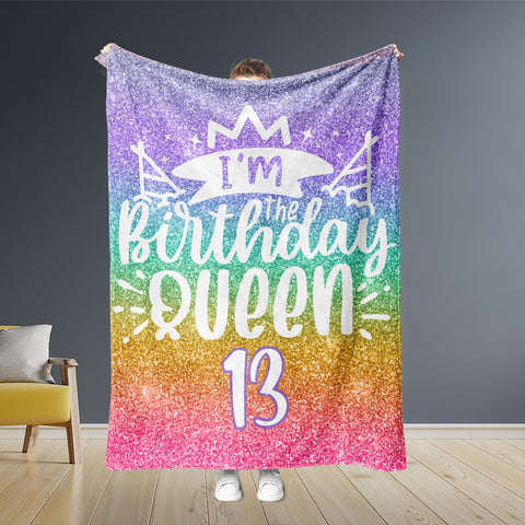 USA Printed Custom Blanket, 13 Year Old Girl Blanket, I'm Birthday Queen 13,  Birthday Blanket, Personalized Blanket, Gift for Her