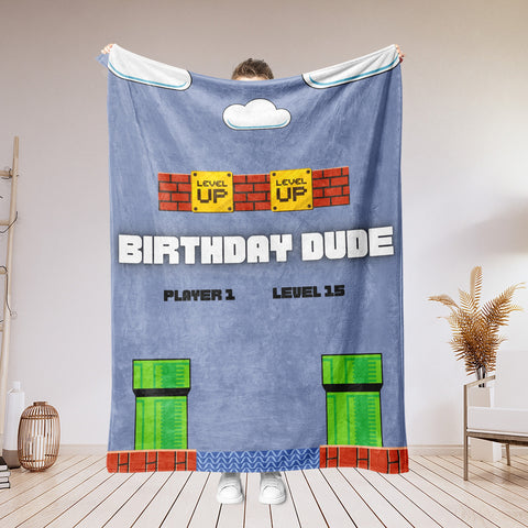 Image of USA Printed Custom Birthday Blanket, Birthday Dude Blanket, Game Blanket, Level Up Blanket, Personalized Blanket, Gift for Her Him, Birthday Gifts